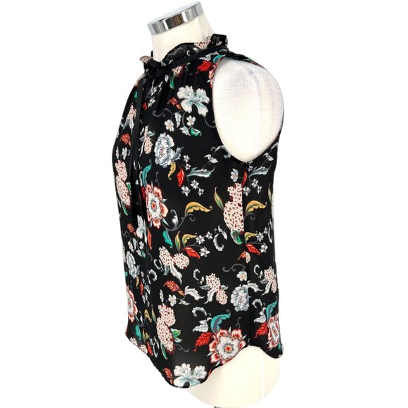 Violet & Claire Black Floral Print Sleeveless Blouse Ruffle Neck Size Small - Picture 6 of 12